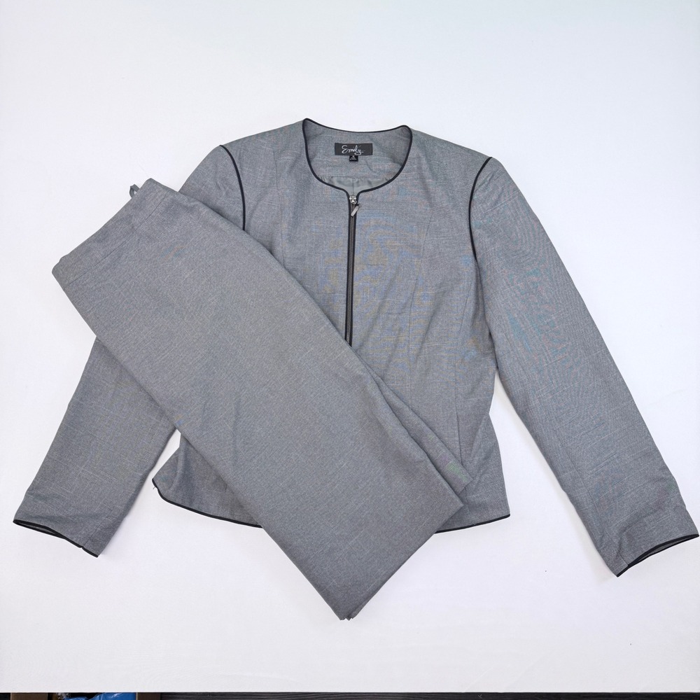 Emily Gray Skirt Suit Set Size 10 Zip Front Jacket Contrast Piping Pencil Skirt
